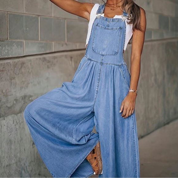 Denim - Women's Blue Denim-Effect Wide Leg Overalls, Loose Fit, TRENDY, XL, NWT